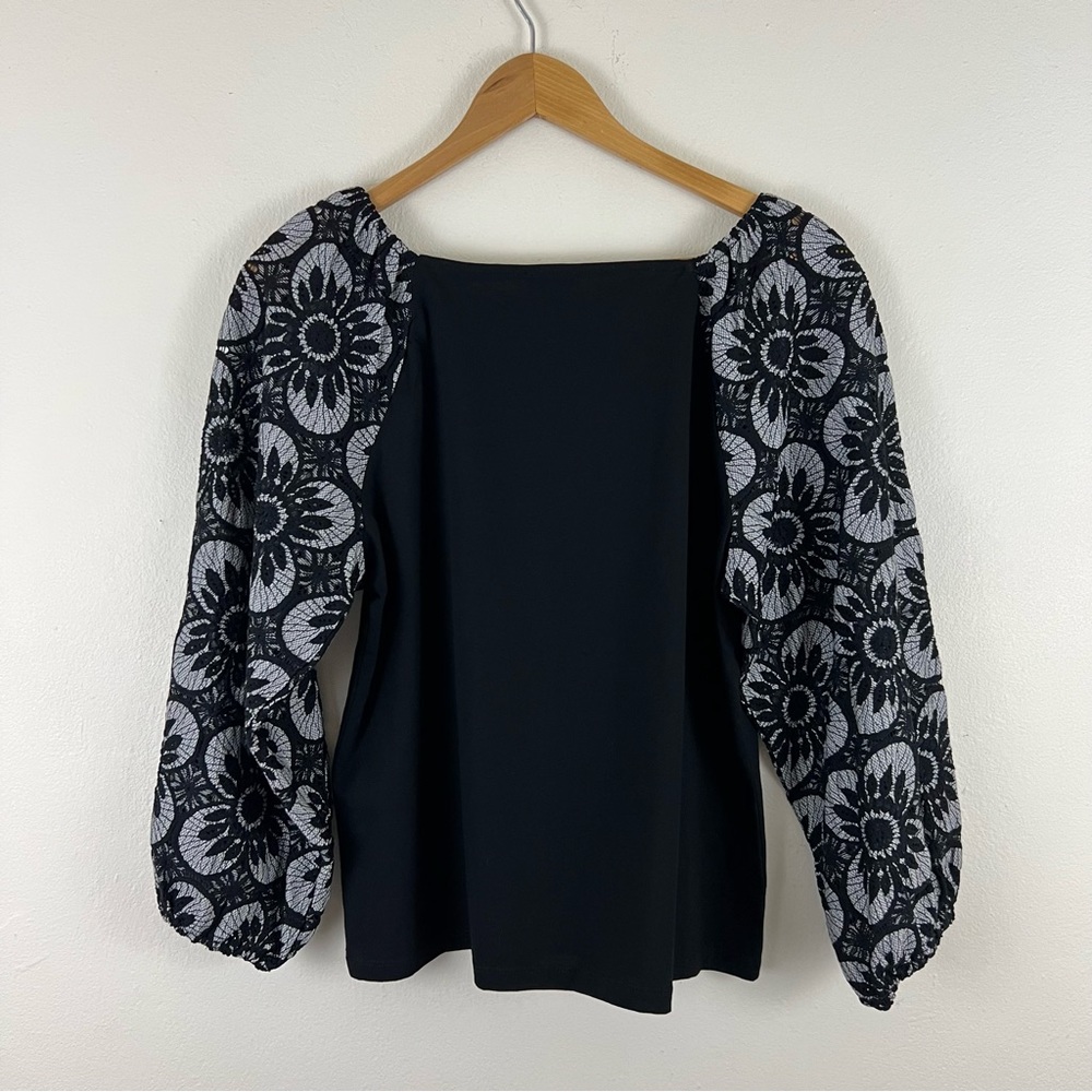 Ann Taylor Factory Lacey Floral Puff Cinched Sleeves Square Neck Boho Top - Picture 6 of 10